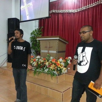 Jeshurun and Sangli Dass of CFOURJ sharing in a Church in Medan-Indonesia with Kajang Assemblies of God Mission Team